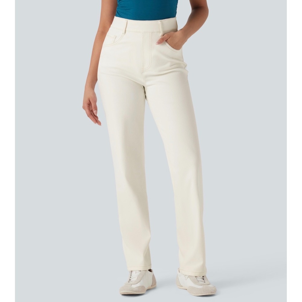 Halara Flex High Waisted Tummy Control Straight Leg Jeans Cream Large